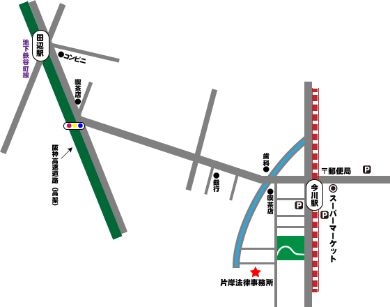 近鉄今川駅・谷町線田辺駅からのアクセスマップ